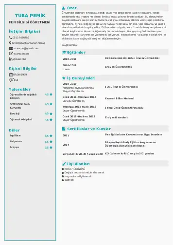 Fen Bilgisi Öğretmeni CV Örnekleri cv indir